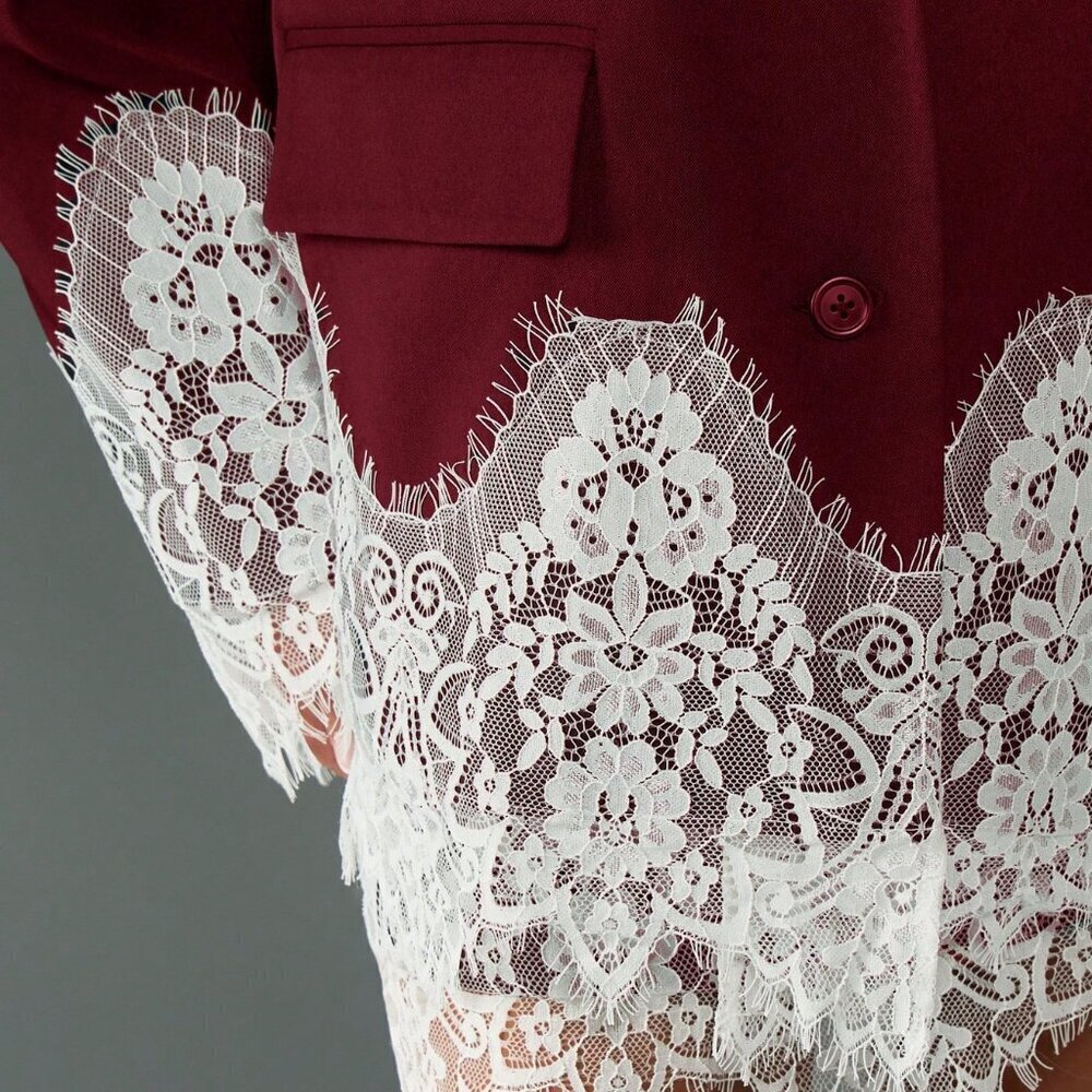 Burgundy Elegant Women's Boxy Fit Lace Trim Blazer - Picture 4 of 6